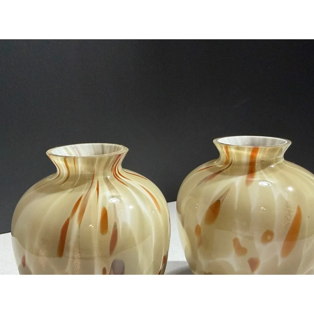 Artisan Hand Blown Glass Bud Vases Tan Red Confetti Gold Aventurine Set of 2